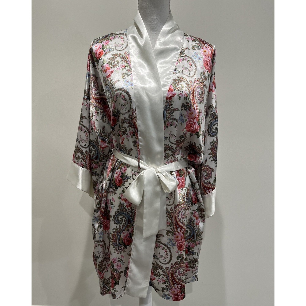 Vintage VICTORIA'S SECRET gold label white floral robe tie silky old money sz OS